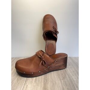 American Eagle Clogs Vintage Wooden Platform Wedge Brown Leather Bow Y2K Boho 11